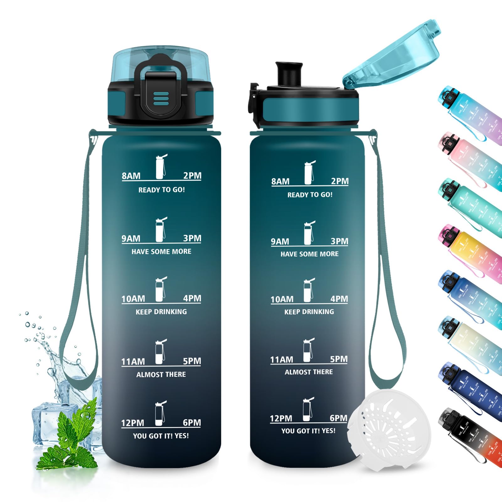 JAPORIA Water Bottle 500 ml Sports Water Bottle with Filter, BPA-Free & Carbonated Drinks, Leak-Proof Water Bottle with Time Marking, for Fitness, Camping, Biking, Hiking and Yoga