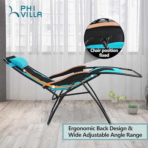 Miniatura 6 de PHI VILLA Silla de gravedad cero de gran tamaño, acolchada XL para patio, reclinable, con soporte para tazas, soporta 350 libras (aguamarina)