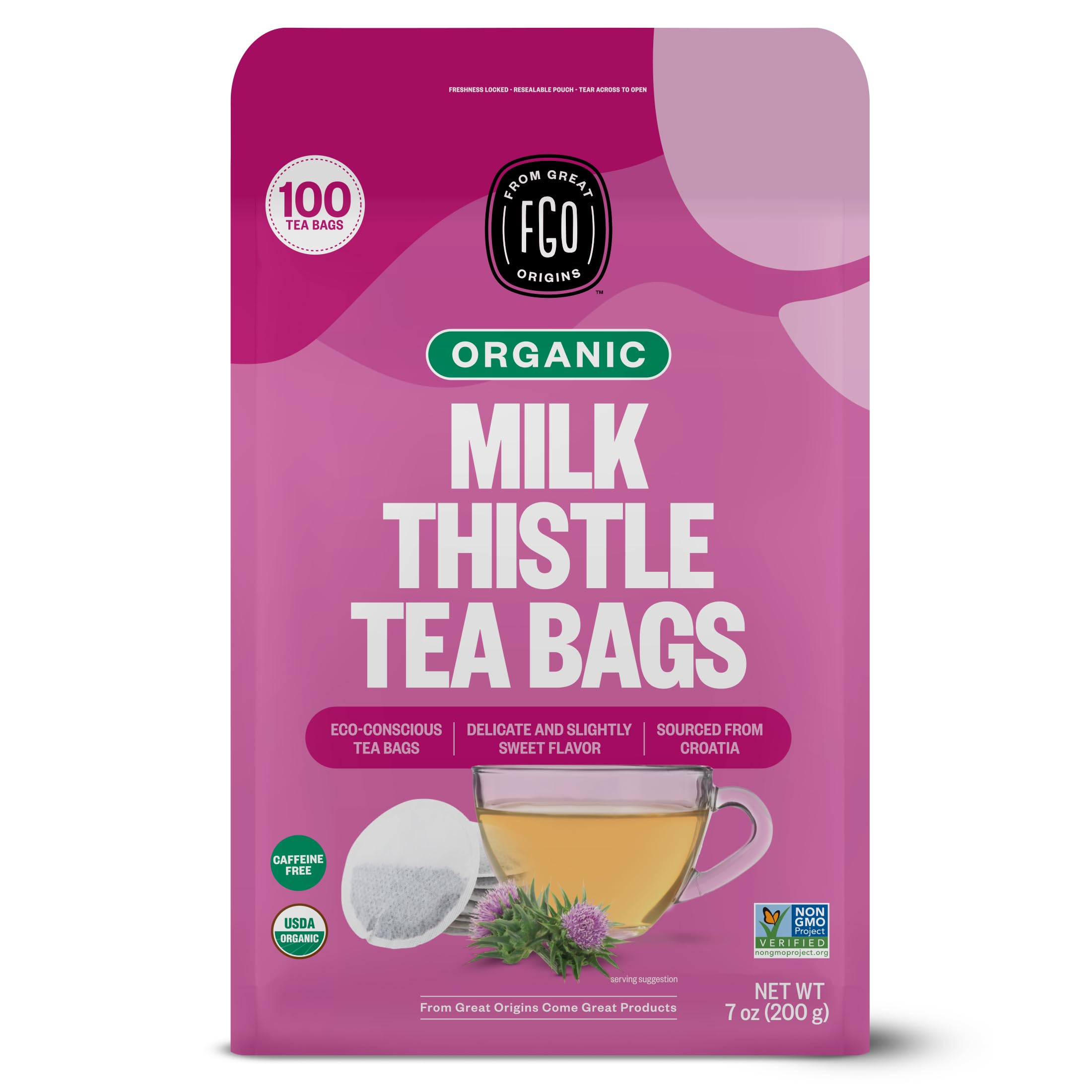 FGO Organic Milk Thistle Tea, 100 Count, Eco-Conscious Herbal Tea Bags, Resealable Bag, Caffeine Free, Packaging May Vary (Pack of 1)