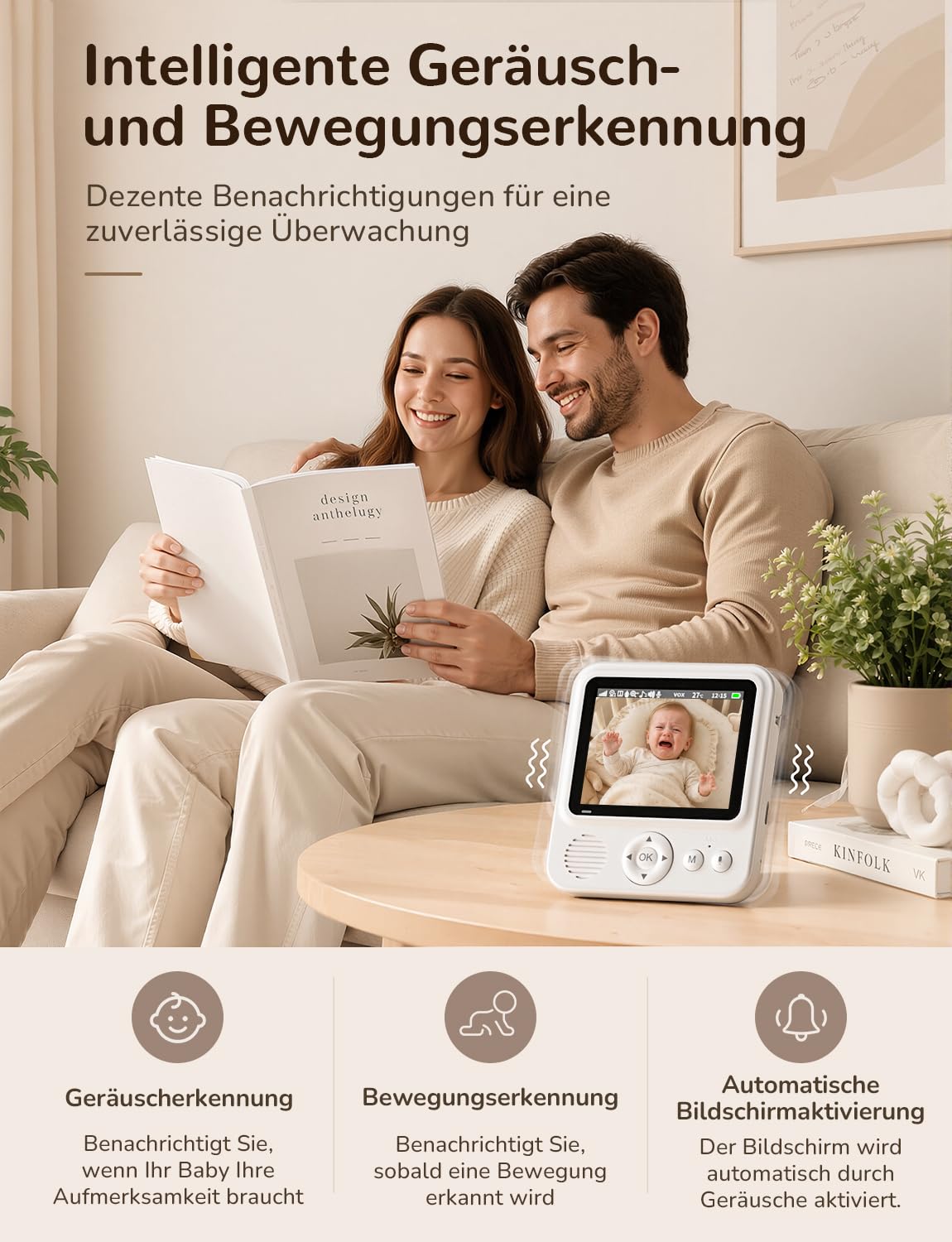 OBVHNUA Monitor niemowlęcy z kamerą 2,8 cala, 720P, podzielony ekran, bateria 2000 mAh, tryb VOX, dwukierunkowy dźwięk, noktowizor, czujnik temperatury, timer i 8 kołysanek