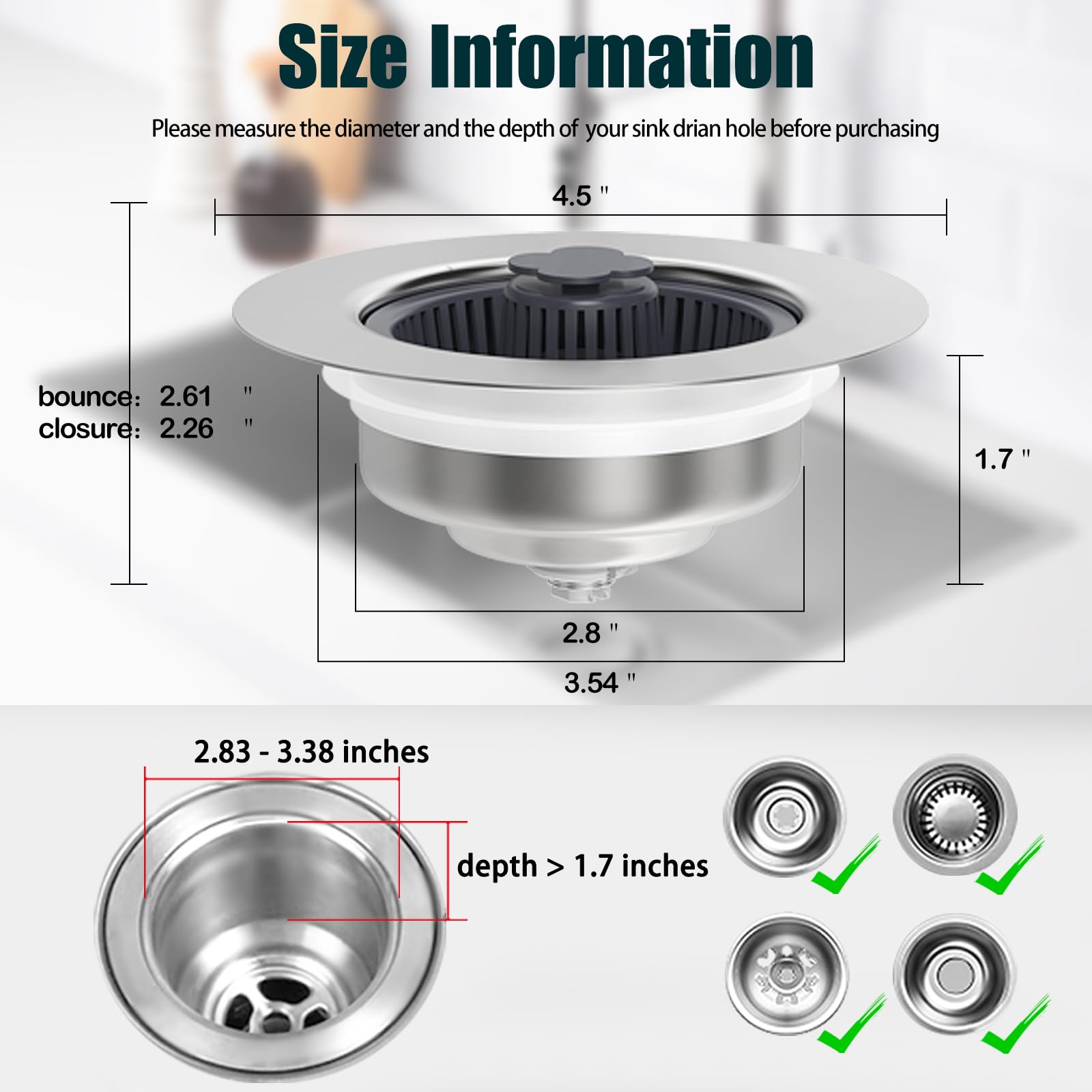 Drain Hair Catcher Kitchen Sink Drain Strainer Stainless Steel Pop Up Sink  Stopper Anti-Clogging Sink Food Catcher Basket Odor Filter Sink Plug Sink  Strainer