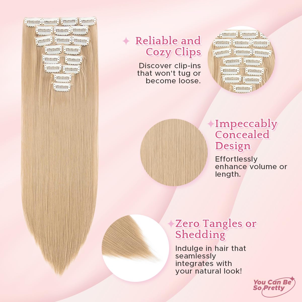 SEGO Pro Clip in Hair Extensions 8 Pcs 18 Clips Full Head Synthetic Fiber Hair Pieces for Women Straight 26 Inch (Ash Blonde) - Image 4