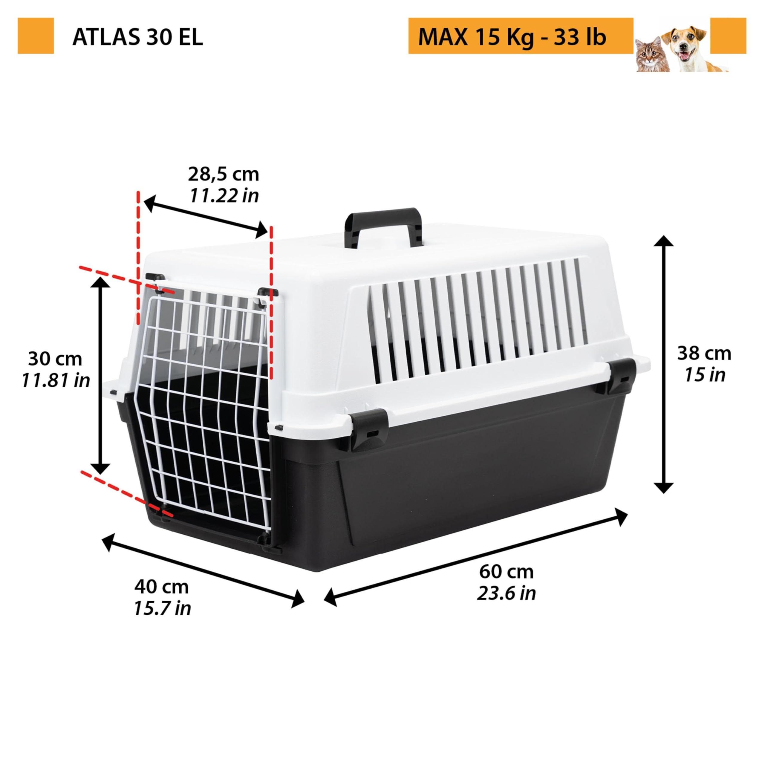 Ferplast Transportín Gatos, Transportín Perro Mediano Pequeño y Gatos hasta 15 Kg, Puerta de Hierro Plastificado, Ranuras de Ventilación, 40 x 60 x h 38 cm, Transportín Mascotas Rígido Atlas 30 EL