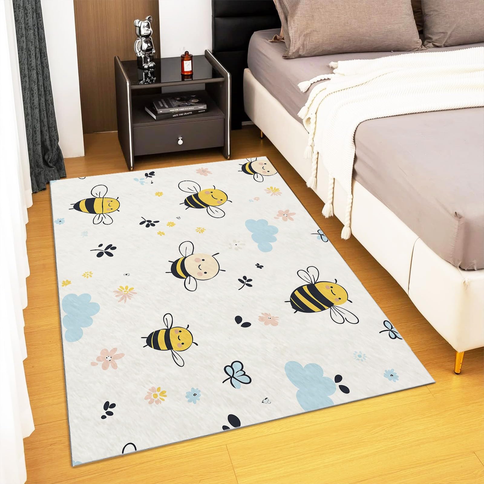 Superweicher Teppich Kinderzimmer 80x150cm Cartoon-Bienenwolke Antirutsch Rechteck Beige Wohnzimmer Schlafzimmer Balkon Bodenmatte