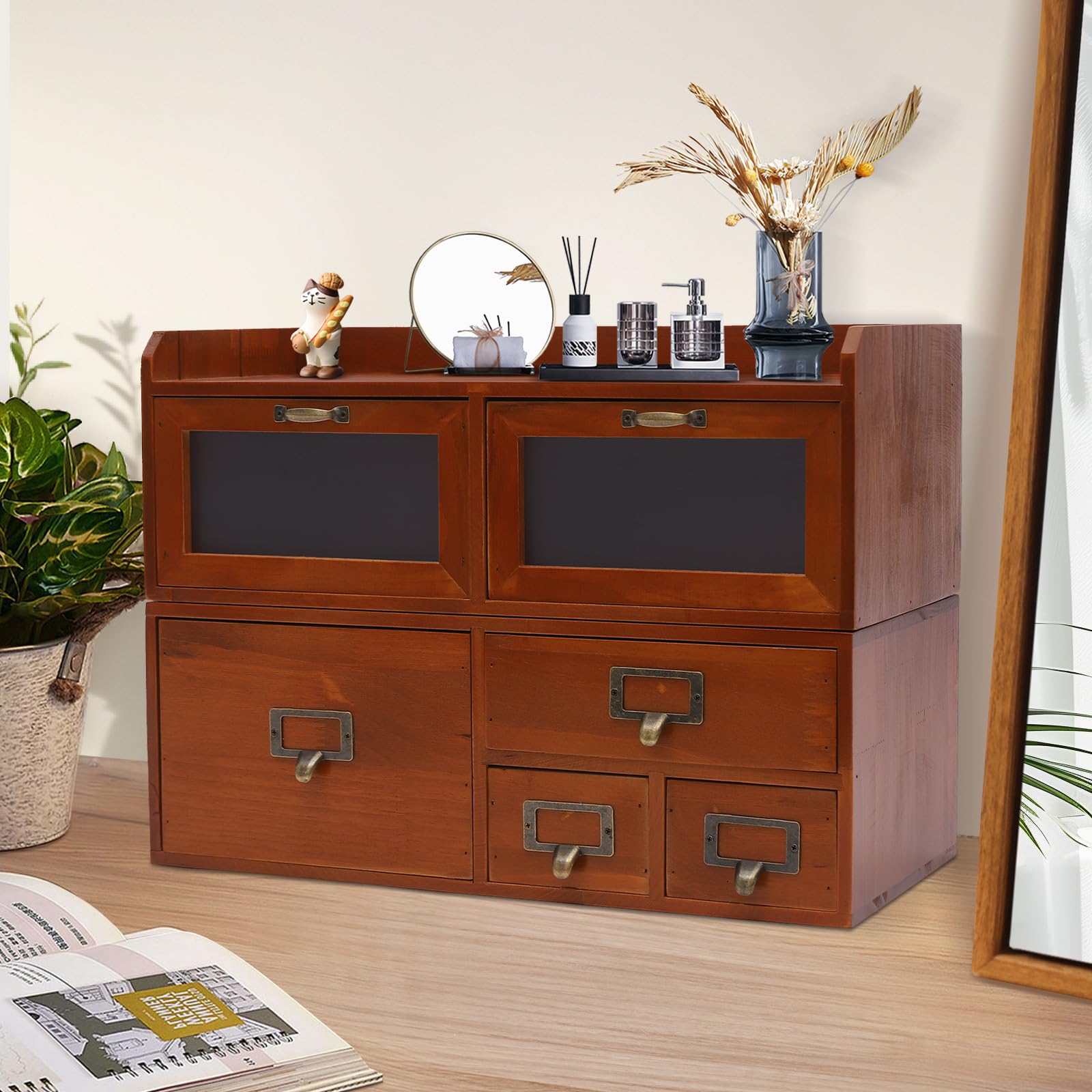 Organizer da scrivania a 6 cassetti, in legno di pino, 47 x 22 x 32 cm, marrone | Cassettiera vintage in acrilico trasparente, per cancelleria, cosmetici, gioielli e piccoli oggetti di uso quotidiano