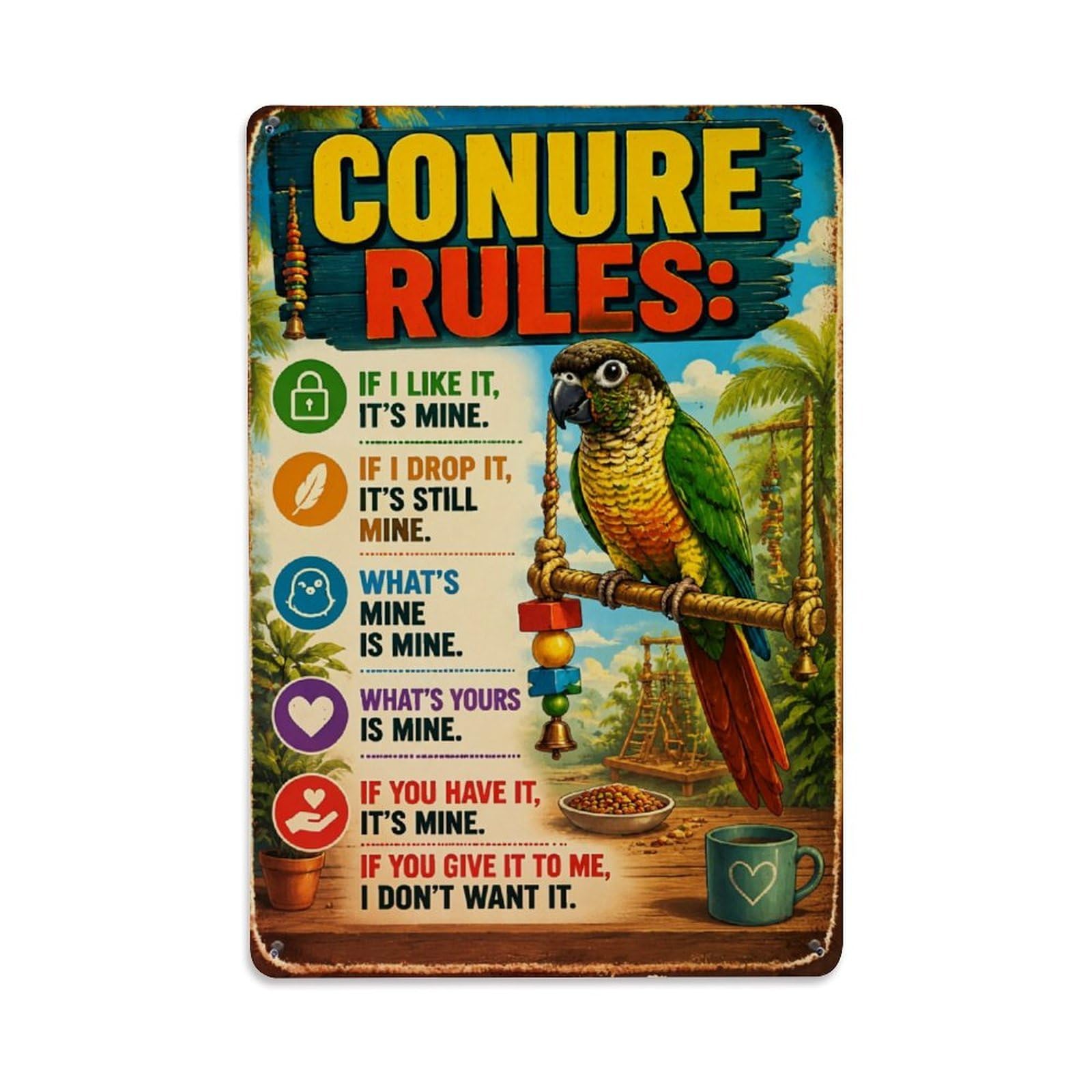 Conure Rules Parrot Playful Pattern Vintage Tin Sign Retro Metal Wall Decor Metal Poster, Home Bar Garage Farmhouse Cafe Wall Art Decoration 8x12Inches