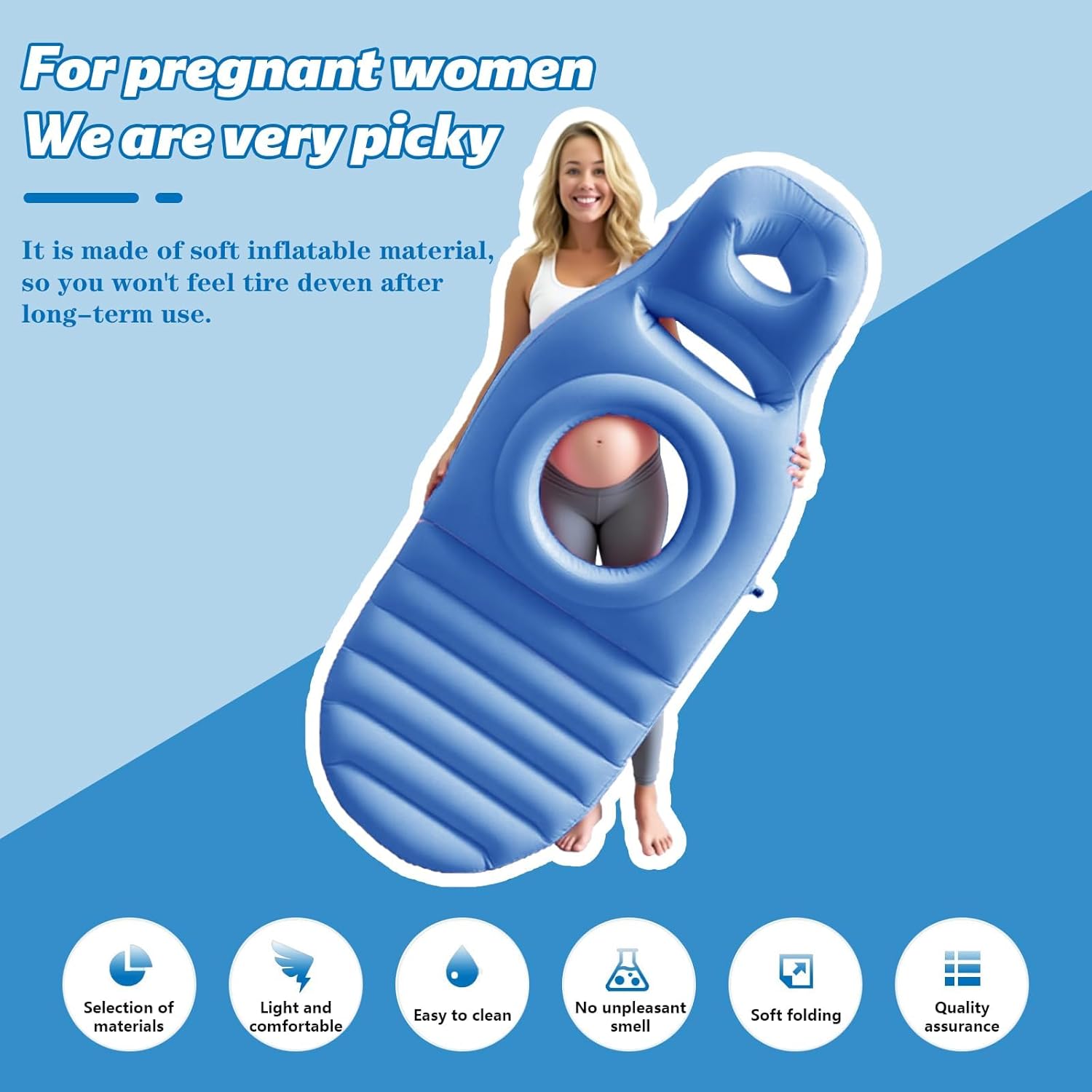 Inflatable Full Body Pregnancy Pillow with Belly Hole for Comfort, Maternity Airbed for Sleeping and Prone Support, Portable and Adjustable, Includes Air Pump (Blue)