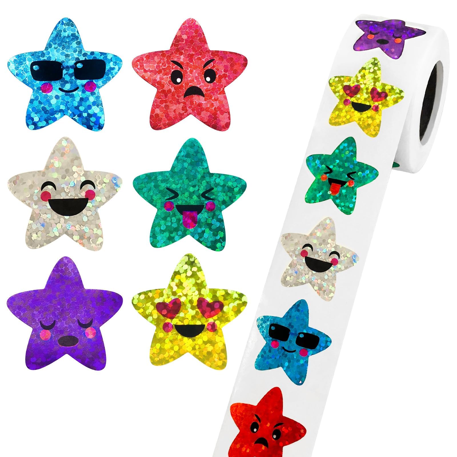 500 Pcs Glitter Smiling Star Stickers Roll, Sparkly Star Sticker Shiny Star Stickers for Children Students Teachers Classroom, Self Adhesive Reward Stickers Motivational smiley face Star Stickers