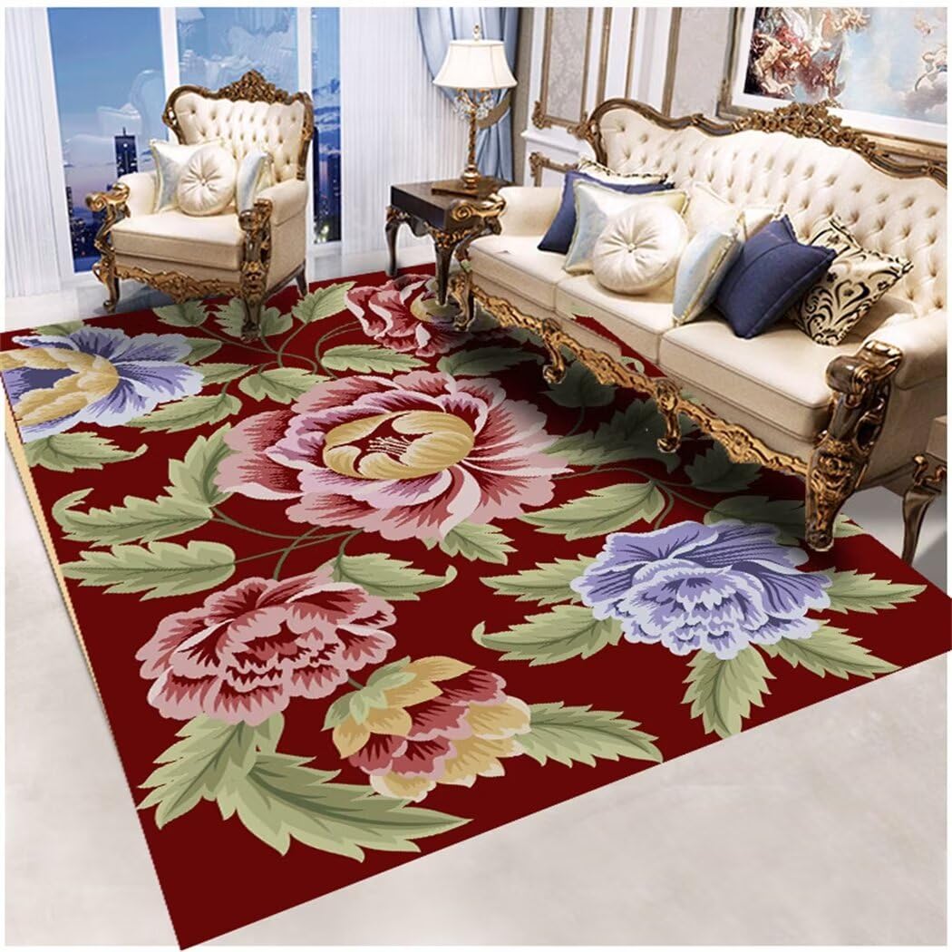 Tapis lavable motif de fleurs classique rouge pour salon et chambre enfant 60x120