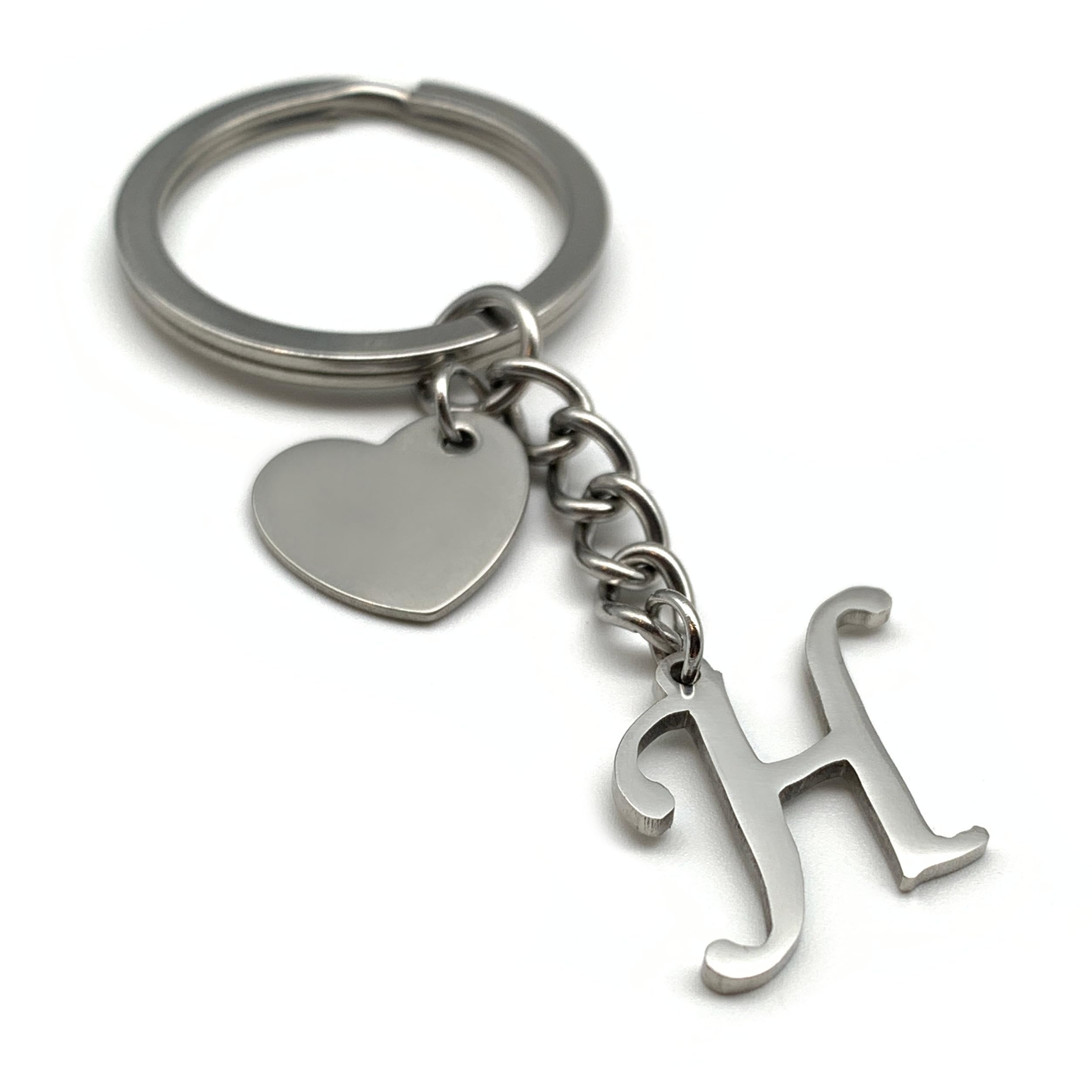 Evemate Unisex H Keyring Letter Wit Heart - Initial A-Z Pendant Keychain - Andmade Stainless Steel - Name Gift Car Friend Partner (H)
