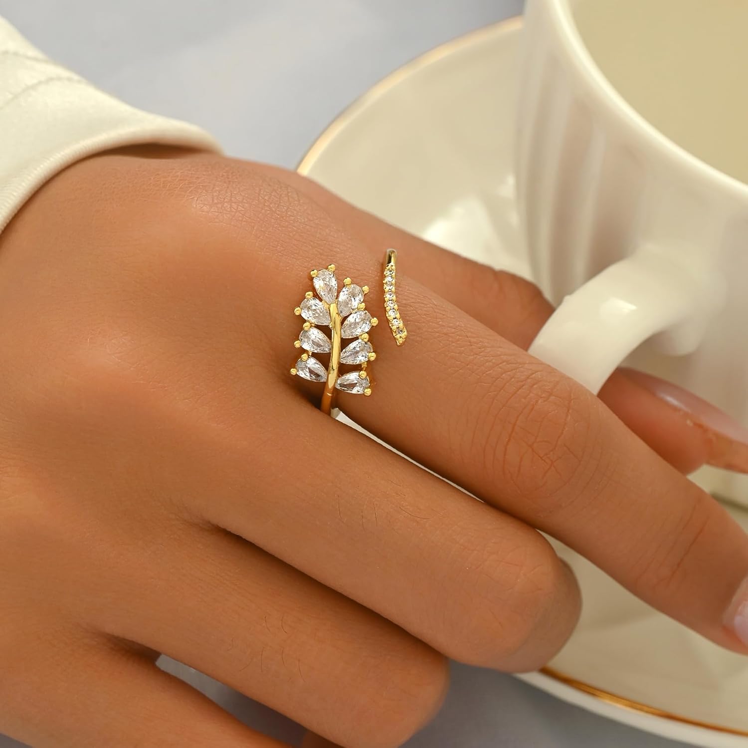 Cubic Zirconia Rings for Women Non Tarnish, 18K Gold Plated Dainty Stackable CZ Cross Moon Star Clover Leaf Open Ring, Eternity Wedding Band Rings Jewelry, Christmas Gifts - Image 2