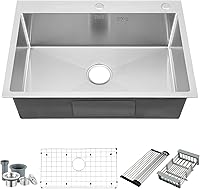 ZBKB 28 Inch 16 Gauge Stainless Steel Drop-In Kitchen Sink with Overflow, Deep 9" Single Bowl, Dish Grid & Strainer