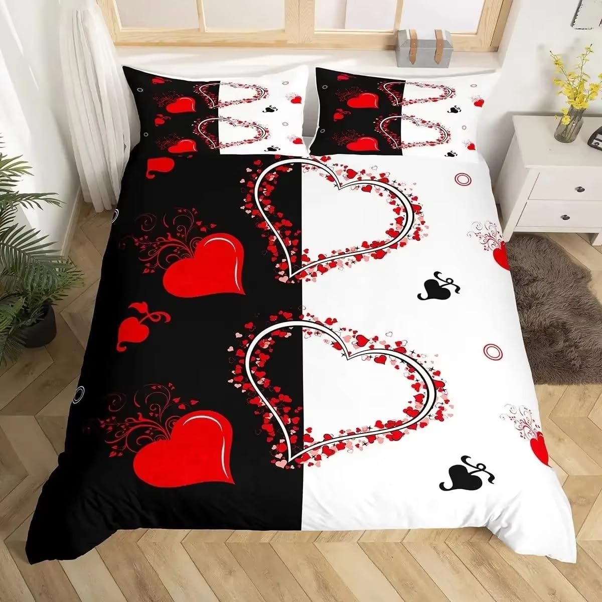 Parure de Lit 240x220 Moderne pour Chambre Parentale et Ado avec Motif Cœur Rouge