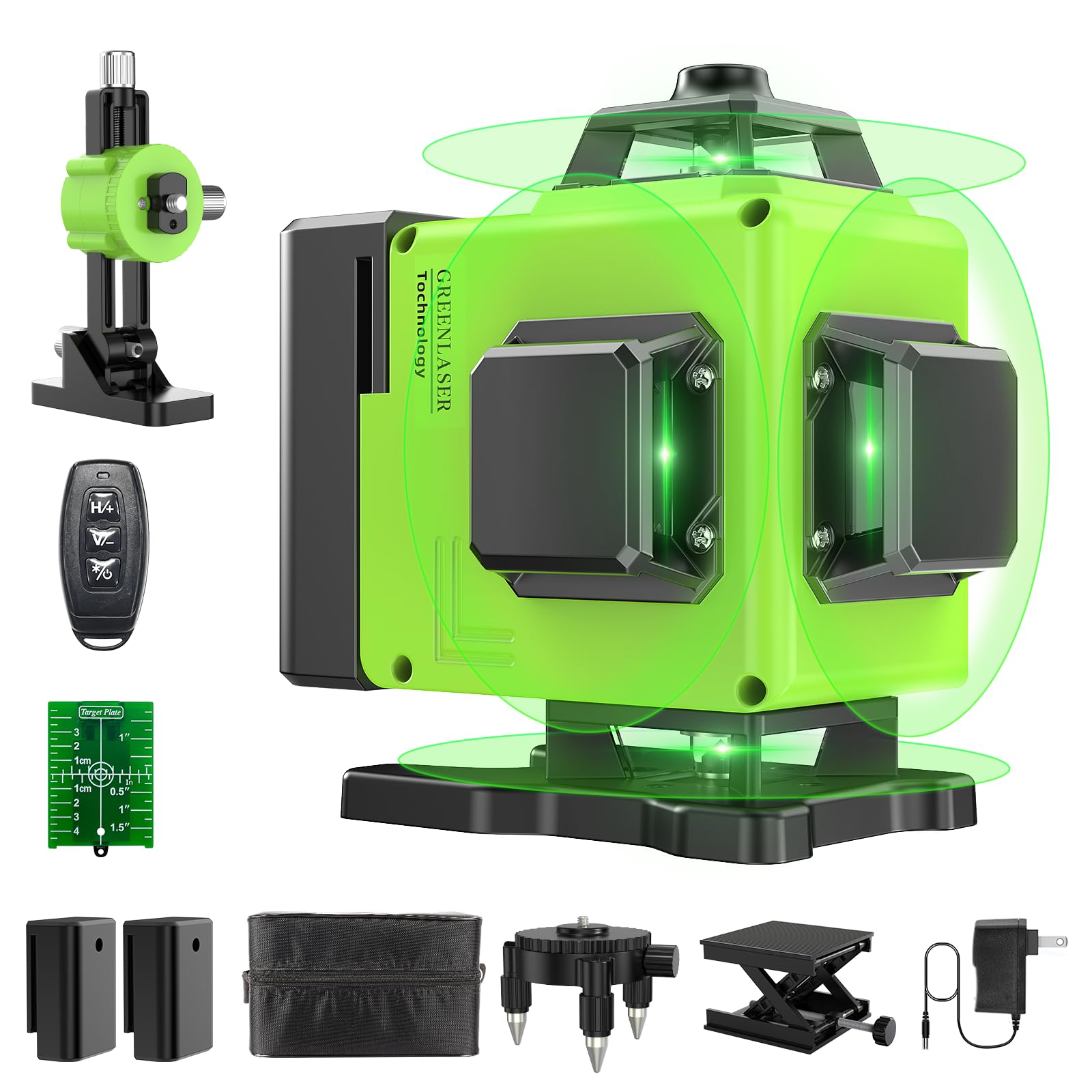 Nivel Laser Autonivelante 360 Grados, Nivel Láser Verde 16 Líneas, 2 x 360 Horizontal y 2 x 360 Verticales, 2 x Batería, Montaje en Pared, Control Remoto, Base Magnética, Soporte Giratorio