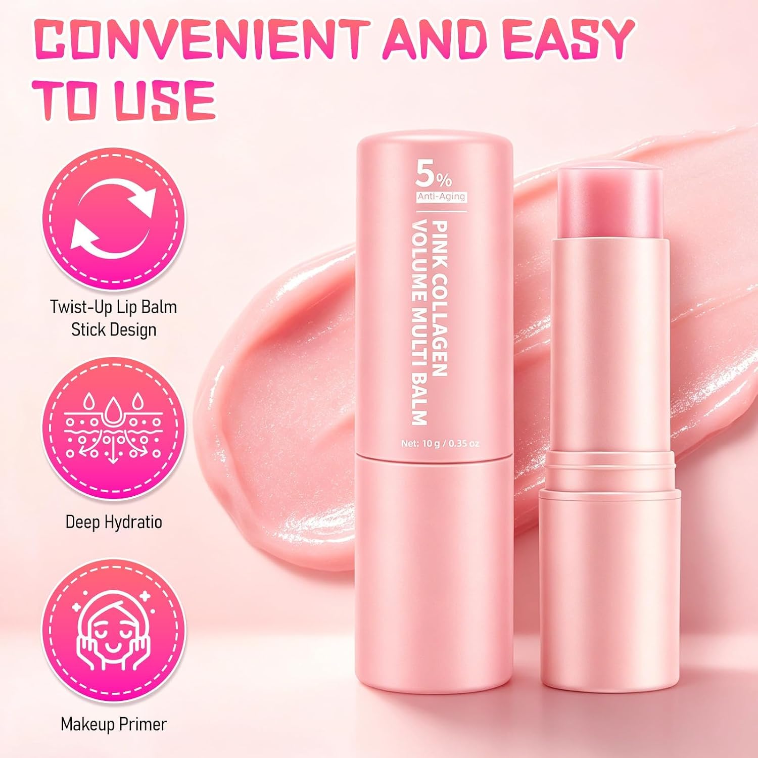 PDRN Pink Collagen Volume Multi Balm Stick – All-in-One Hydrating Wrinkle Stick for Face, Under Eyes, Lips, Neck & Smile Lines, Plumping & Firming Collagen Balm with Volufiline, Beauty Skincare(2Pack)
