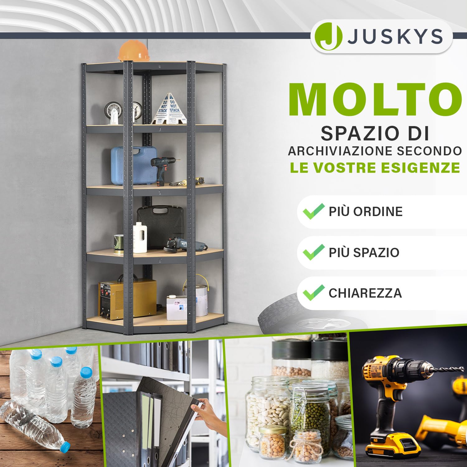 Juskys scaffale ad angolo Corner Basic 180×70×40–70 cm (AxLxP) – 5 ripiani in metallo zincato, portata 875 kg – a innesto per cantina o garage (grigio)