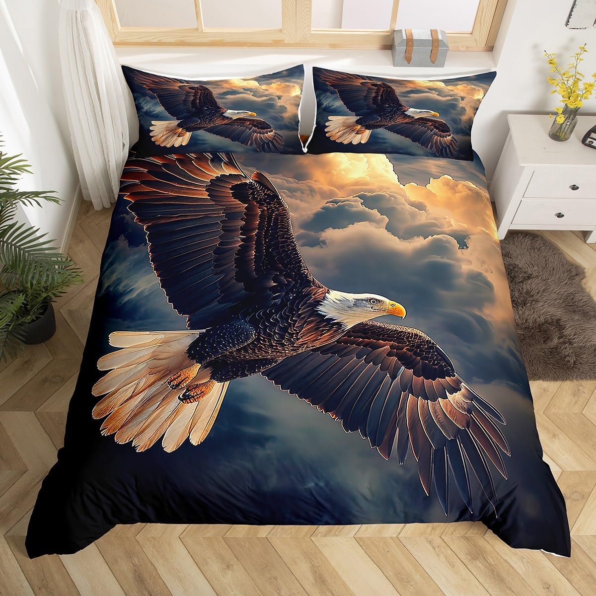 Manfei Flying Eagle Duvet Cover King Size,Wild Nature Animal Comforter Cover(No Filler) with 2 Pillowcases Bedspread,Nature Clouds Sky Sunshine Print Microfiber Quilt Cover for Adult Women,3 Pcs