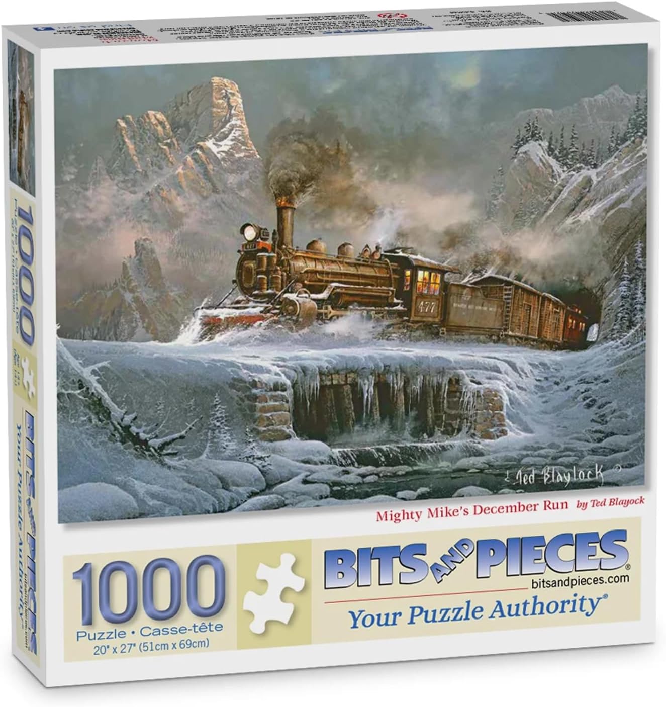 Bits and Pieces 1000 Piece Puzzles for Adults Mighty Mike's December Run Large 20" x 27" Jigsaw Puzzles 1000 Pieces Steam Train Locomotive Winter Mountains, Random Die Cut Pieces No 2 are Alike