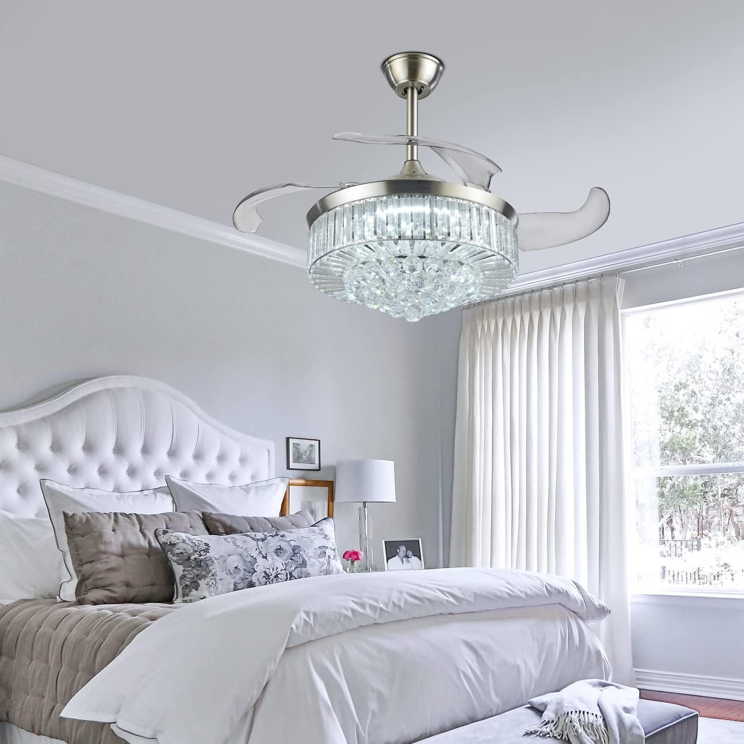 Retractable Ceiling Fan, 42inch Modern Ceiling Fans with Lights,6 Speeds Crystal Chandelier Fandelier Ceiling Fan with Reversible Motor for Bedroom Living Room