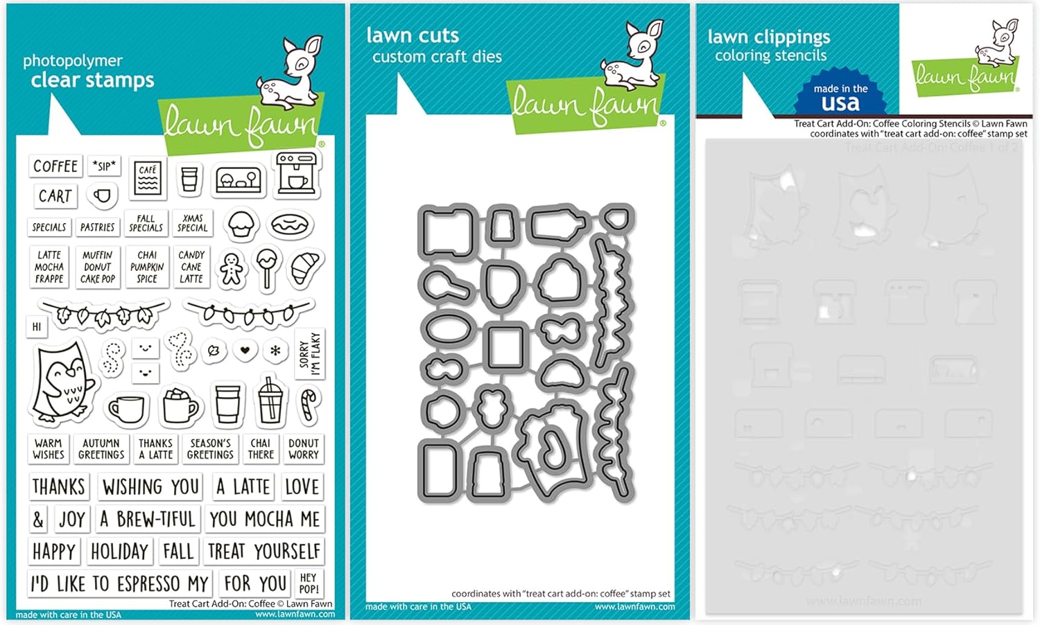 Lawn Fawn Treat Cart Add-on: Coffee - Stamps, Dies, Coloring Stencils & Pocket