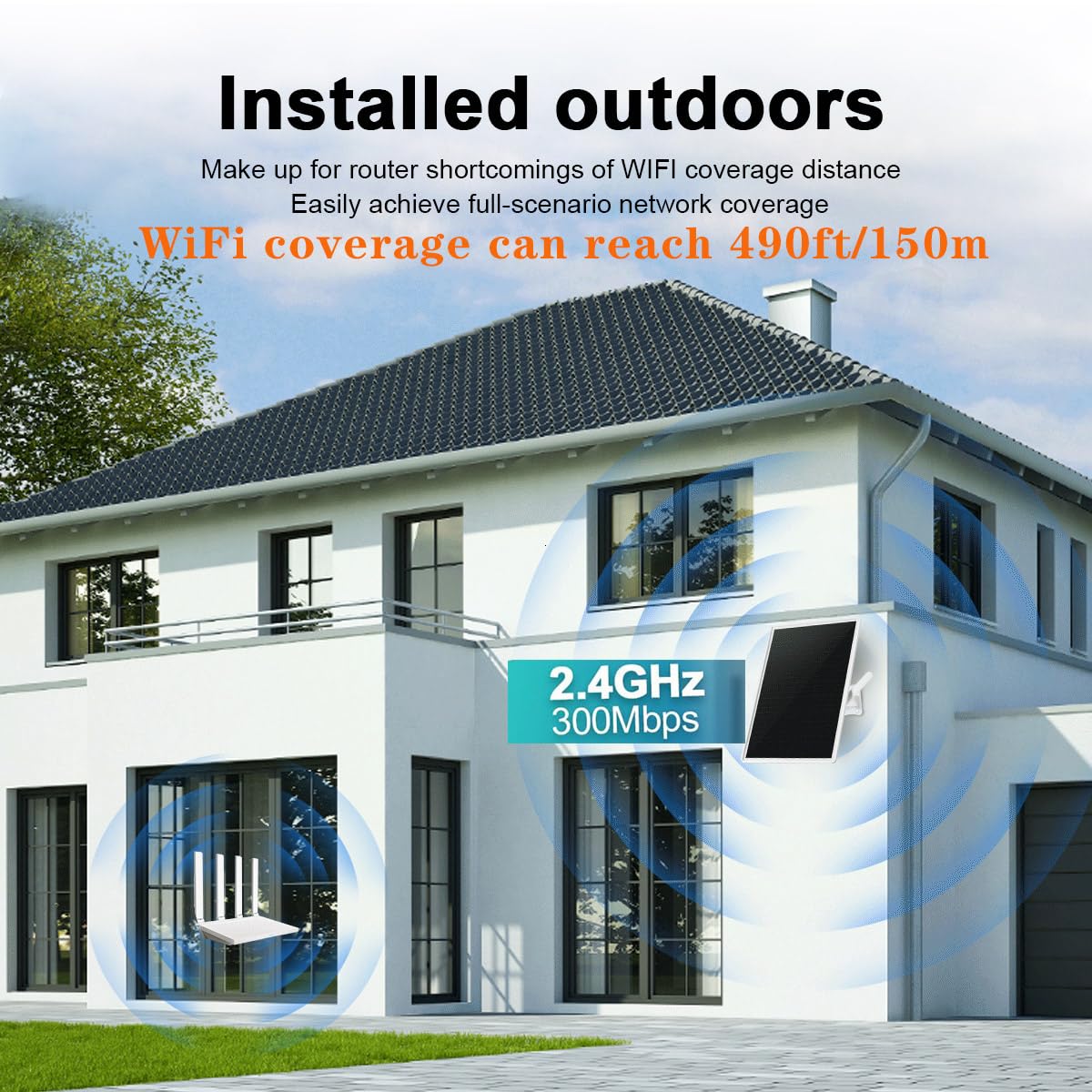 Amplificateur de Signal WiFi Dual-Band extérieur pour routeur 2.4GHz,répéteur WiFi, 490ft/150m, Panneau Solaire 15W/5V, étanchéité,20000mAh,Convient pour Les fermes et Les espaces commerciaux