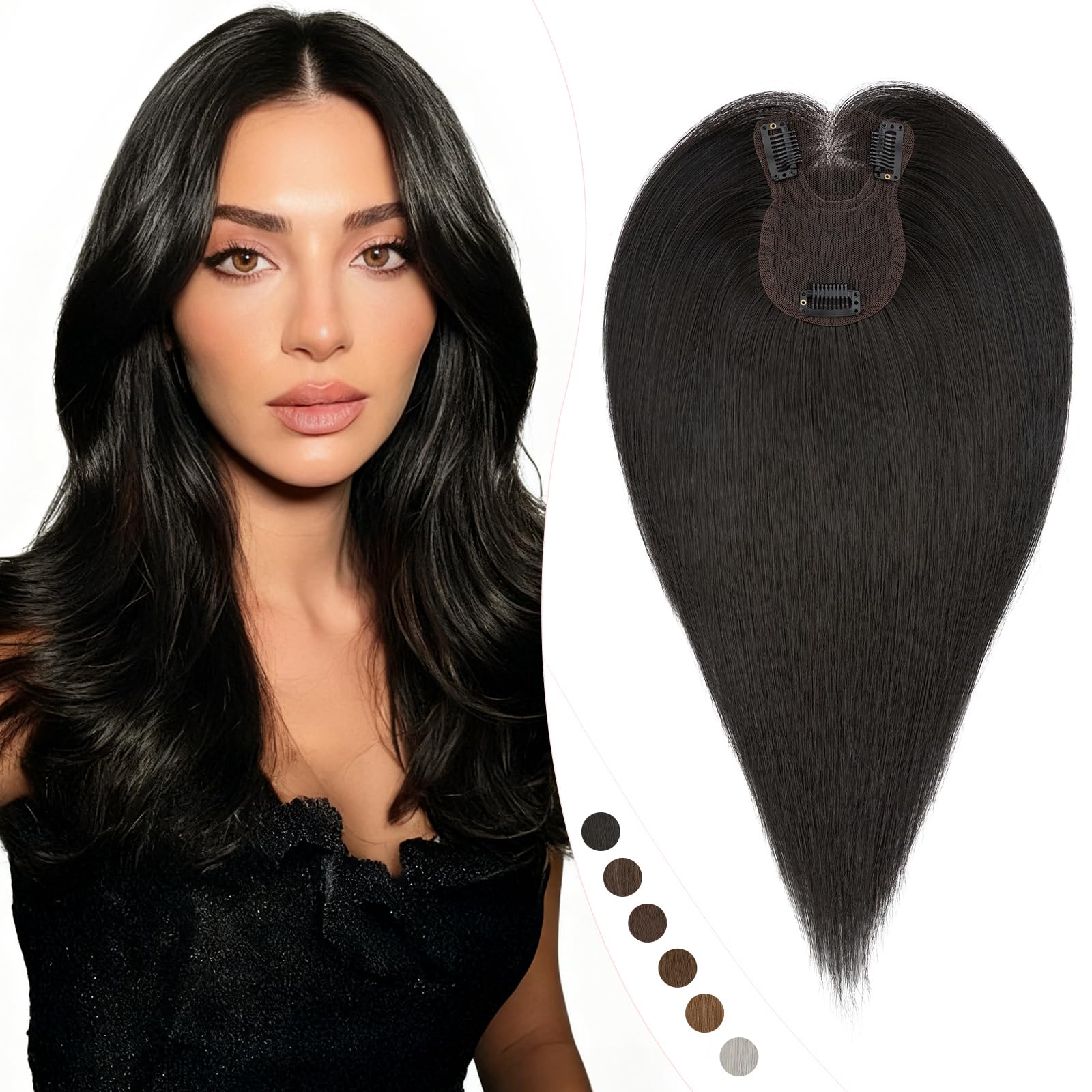 Elailite 30cm Protesis Capilares Mujer Pelo Natural Clip 35g Negro Natural Flequillo Lateral Cabello Humano Hair Topper Silk Basse 8cm*11.5cm #1B