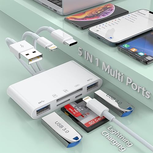 Multi 5 en 1 Lightning+Tipo C+USB A lector de tarjetas para iPhone/iPad/Android/Mac Book/Computadora/Tablet/Cámara/Disco duro/Unidad Flash,
