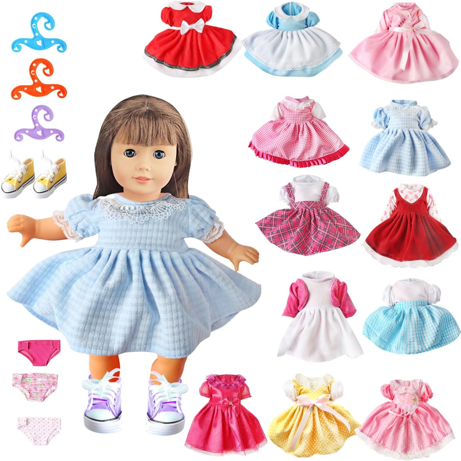 19 Pcs Girl Doll Clothes and Accessories - Alive Baby Doll Clothes Outfits Including 12 Sets Doll Dresses 1 Pair Casual Shoes, 3 Hangers and 3 Underwear for 12 13 14 15 Inch Dolls Girls Gift