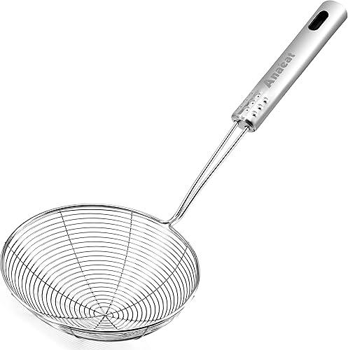 Anaeat Colador de araña de acero inoxidable de 4.5 pulgadas, cuchara profesional para pasta de cocina con mango largo, cucharón asiático, cucharón