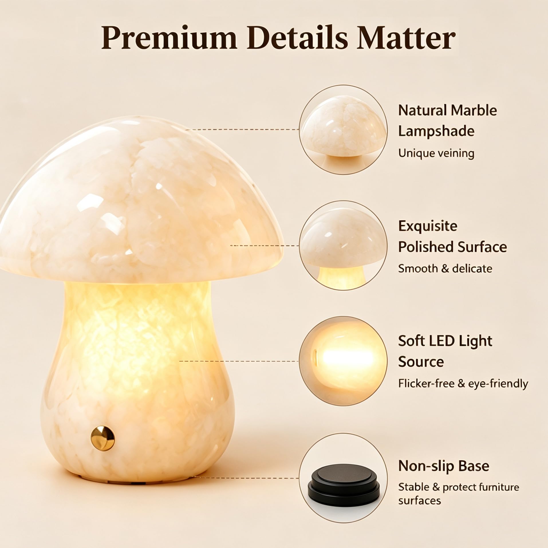 Lampada a fungo in marmo touch, luce notturna wireless ricaricabile USB
