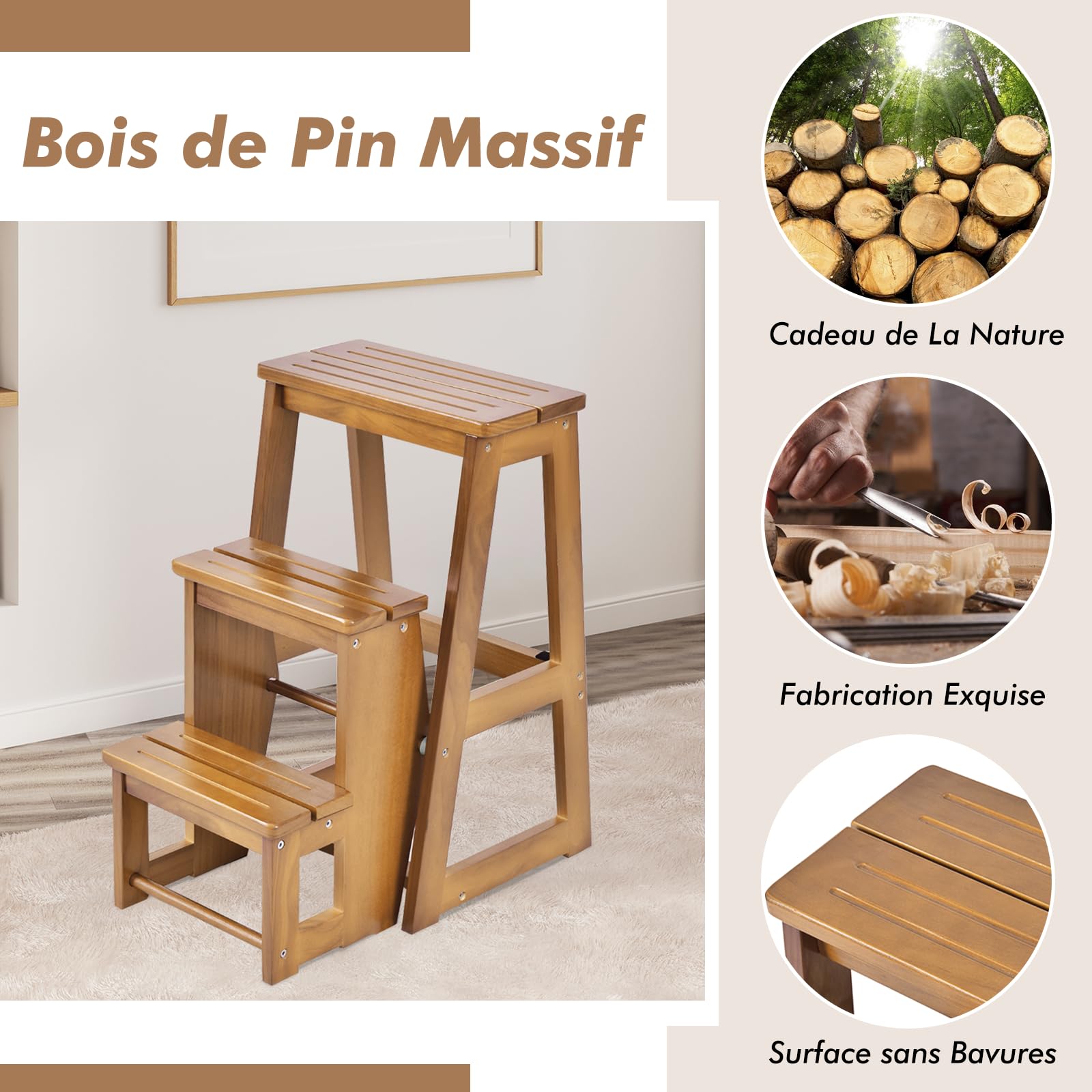 GIANTEX Escabeau Tabouret en Bois,Escabeau à 3 Marches Pliable,Marche Pied Echelle Portable, Peu Encombrant,pour Cuisine Chambre (Naturel)