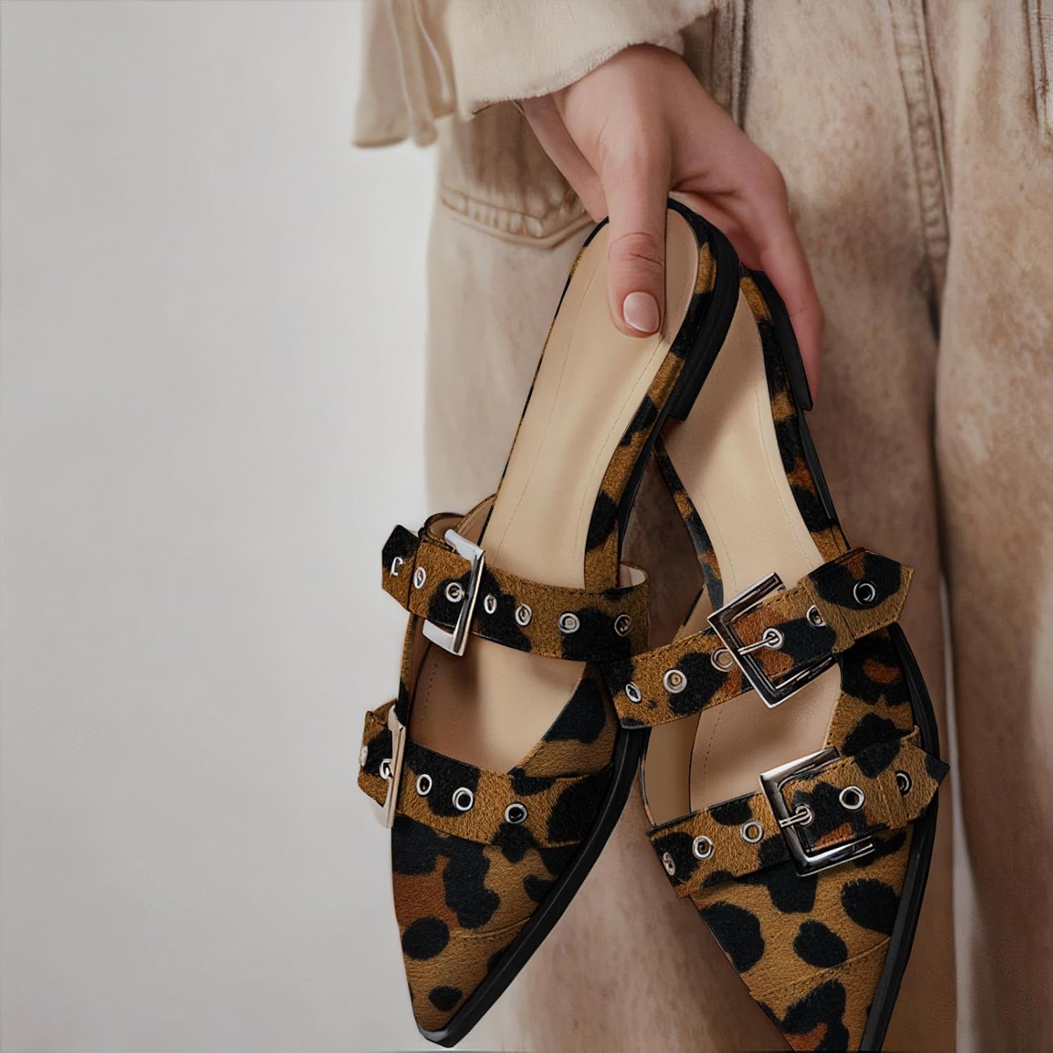 KaroNairy Women's Wide Buckle Ballet Flats, Pointy Toe & Square Toe Mary Jane Flats Slingback Comfortable Ballerina Flats Leopard Print