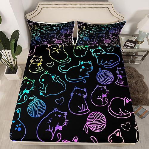 Miniatura 2 de Erosebridal Juego de sábanas estéticas de dibujos animados con diseño de gato kawaii para niños y niñas, juego de sábanas de gatito, sábanas de