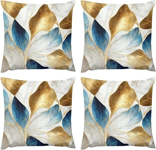 Juego de 4 fundas de almohada abstractas de lujo con diseño de mármol azul y dorado de 20 x 20 pulgadas, fundas decorativas para sofá, automóvil,