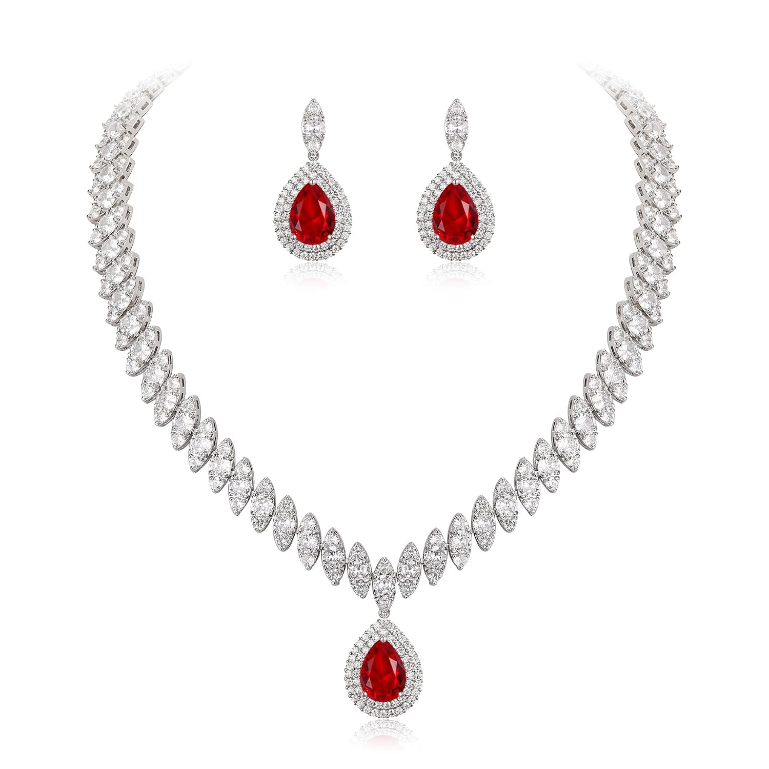 EVER FAITH Women's CZ Marquise Leaf Teardrop Pendant Necklace & Earrings Set - Silver Tone, Cubic Zirconia, Gift Box - View #2