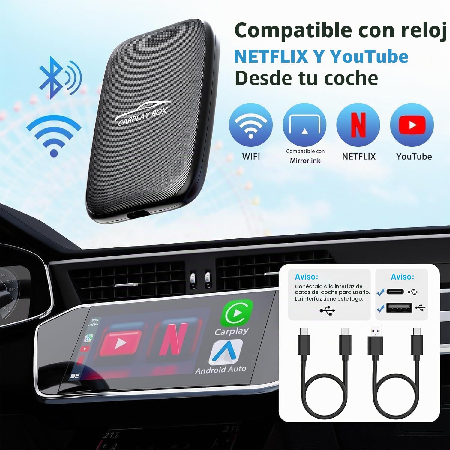 Dongle inalámbrico para Carplay y Android Auto Soporta Netflix/Youtube/TF Card,Car Play Ai Box con Cable USBA-C y USBC-C para Phone Android (Black)