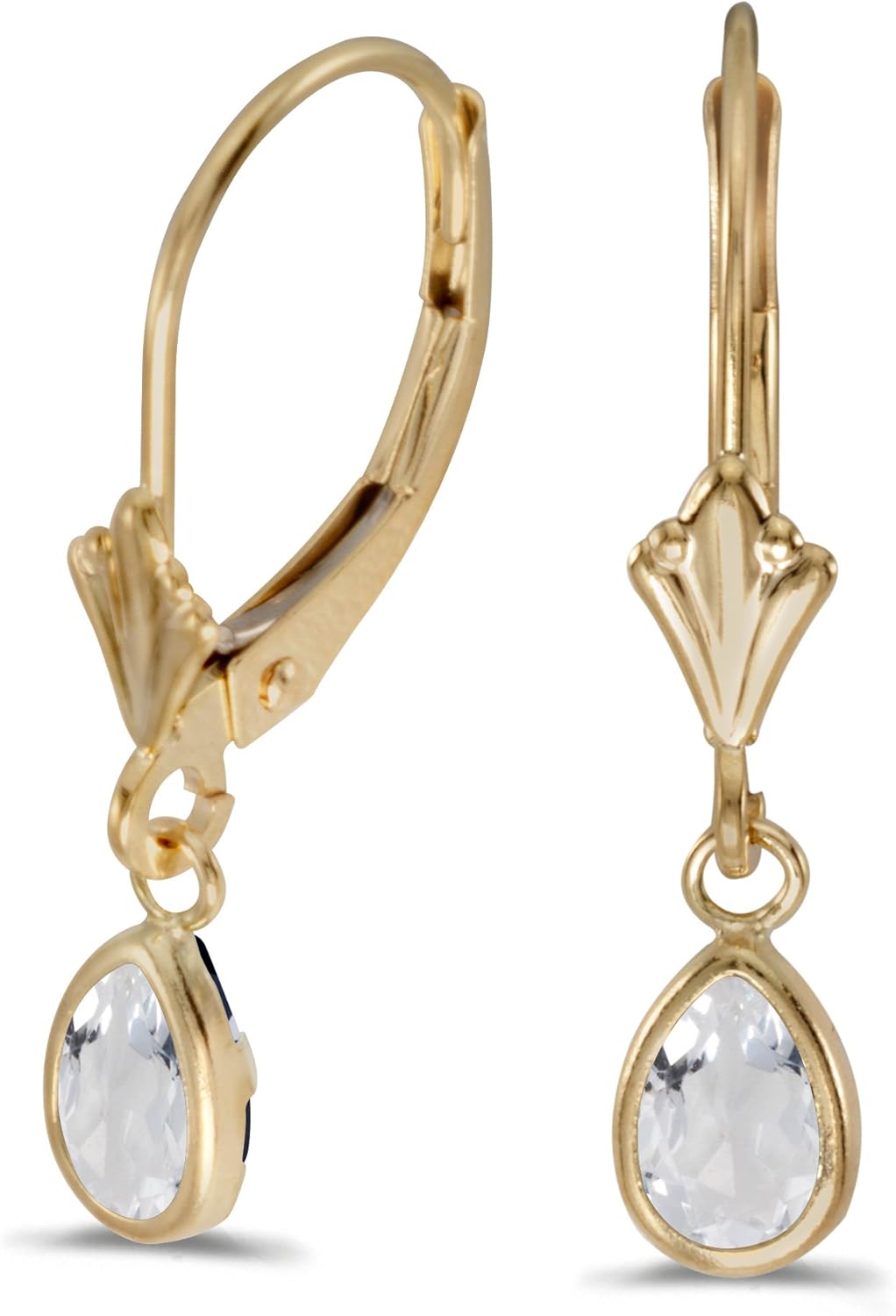 14k Yellow Gold Pear White Topaz Bezel Lever-back Earrings