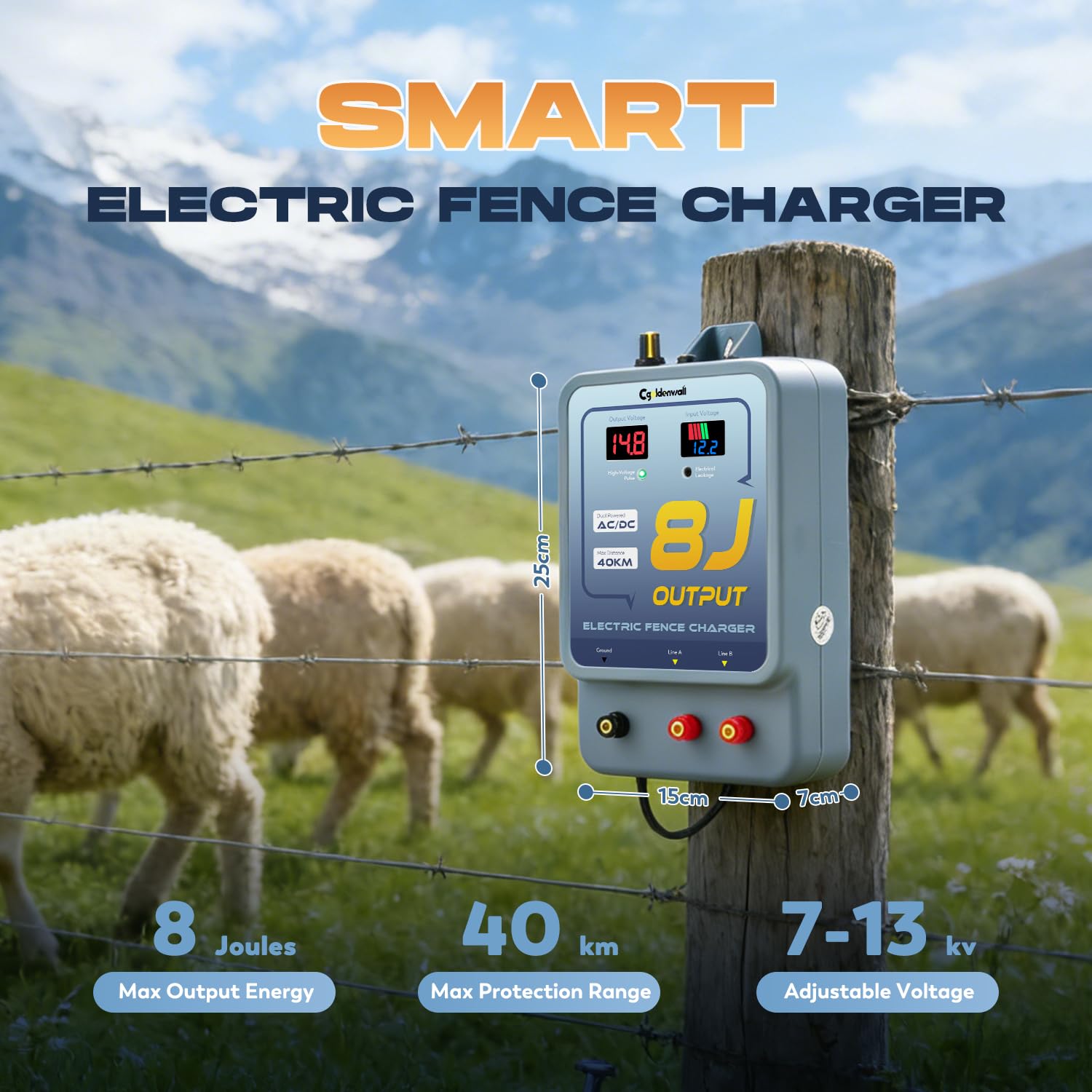 CGOLDENWALL 8J Elettrificatore per Recinzioni da Pascolo, AC/DC Alimentazione, 2 in 1 7-13KV regolabile, Allarme, IP45 Impermeabile, 40KM Portata per Cavalli, Pollame, Ranch, Giardino (8J)