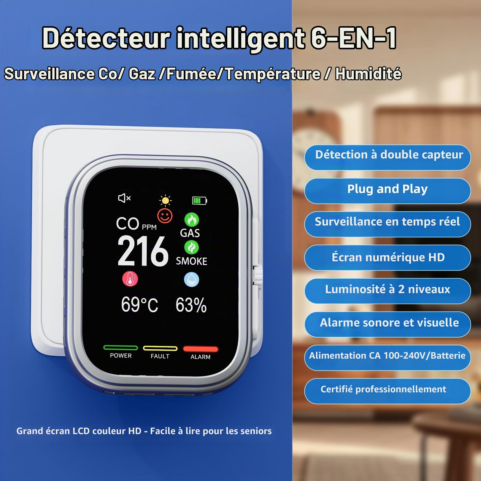 Detecteur Monoxyde Carbone 6 en 1,Détecteur de Gaz Naturel et Détecteur de Monoxyde de Carbone avec Batterie de Secours,Idéal pour Maison,Cuisine,Camping-Car,Logement (1 Paquet)