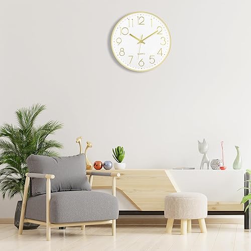 Miniatura 4 de Foxtop Reloj de pared dorado silencioso de 14 pulgadas, funciona con pilas, reloj de pared moderno de cuarzo redondo decorativo para sala de estar,