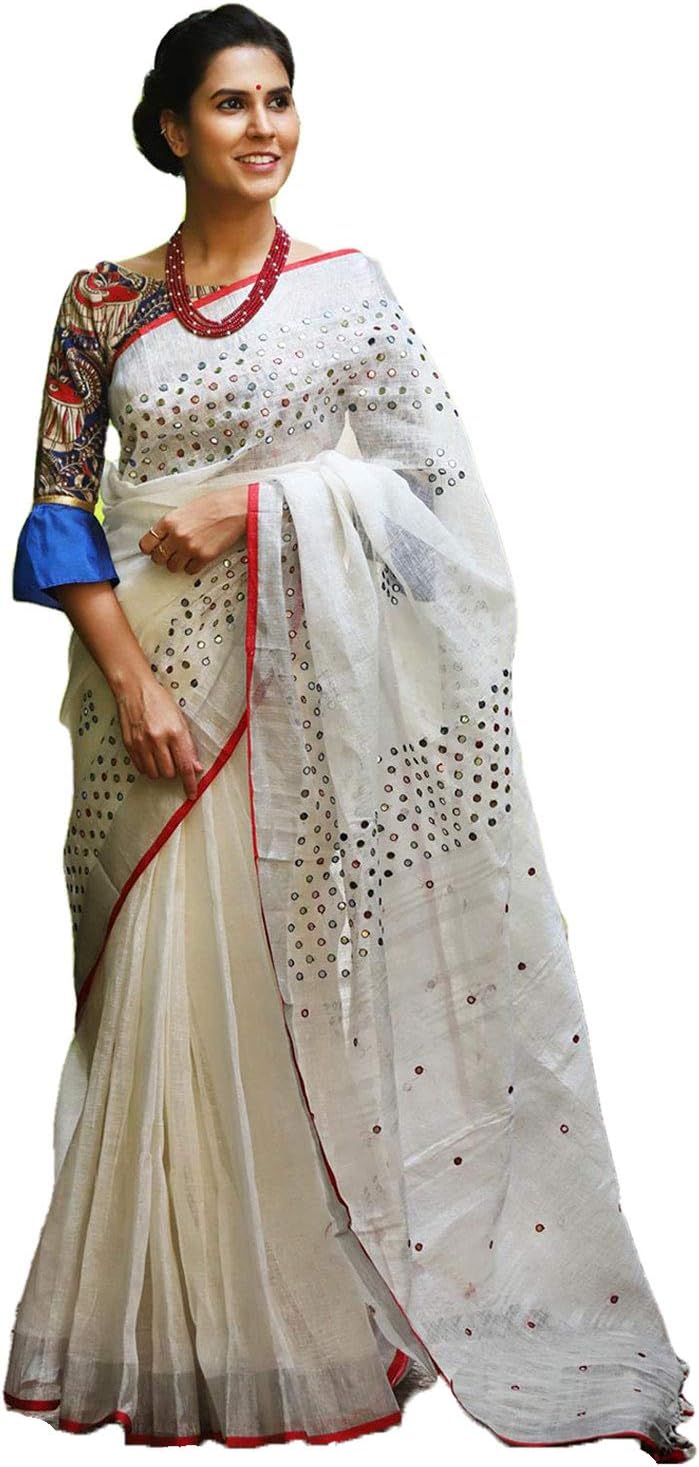 India Meets IndiaEthnic Indian Women's Bhagalpuri Handloom Cotton Linen Saree- Red Border & Soft Tassels - Includes Unstitched Blouse Piece 0.8 Meter - Versatile for Festive, Casual, Party, Wedding