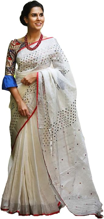 India Meets India - Ethnic Indian Womens Bhagalpuri Handloom Cotton Linen Saree- Red Border & Soft Tassels - Includes Unstitched Blouse Piece 0.8 Meter - Versatile for Festive, Casual, Party, Wedding