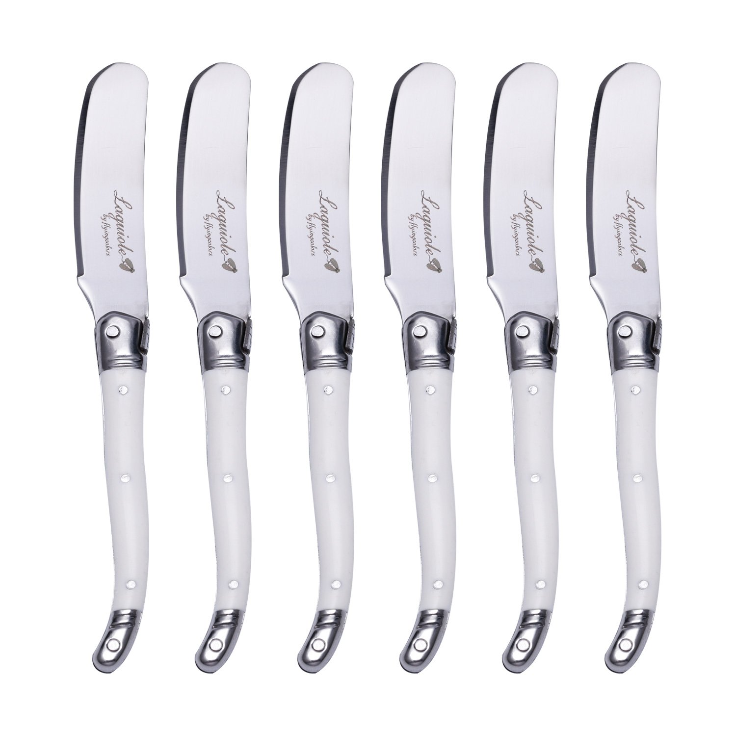 FLYINGCOLORSLaguiole Cheese Knife Butter Spreaders Knife Set. Stainless Steel, White Color Handle, 6 Pieces
