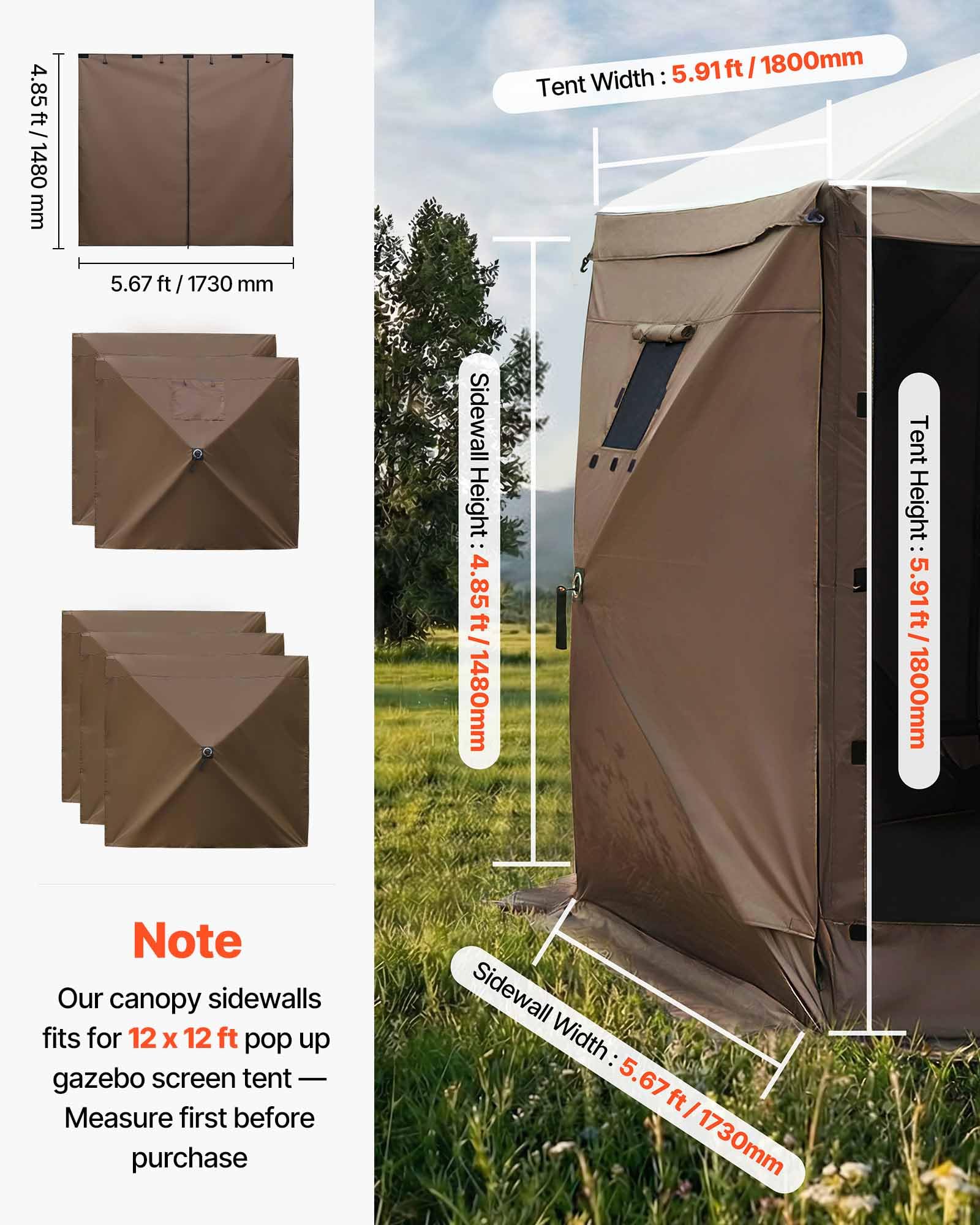 VEVOR Pannelli Laterali per Gazebo 1,73 x 1,48 m, con Protezione Impermeabile e dalla Luce Solare, 1 Porta con Cerniera e 2 Finestre, per Eventi all'Aperto, Solo 6 Pareti Laterali, Marrone