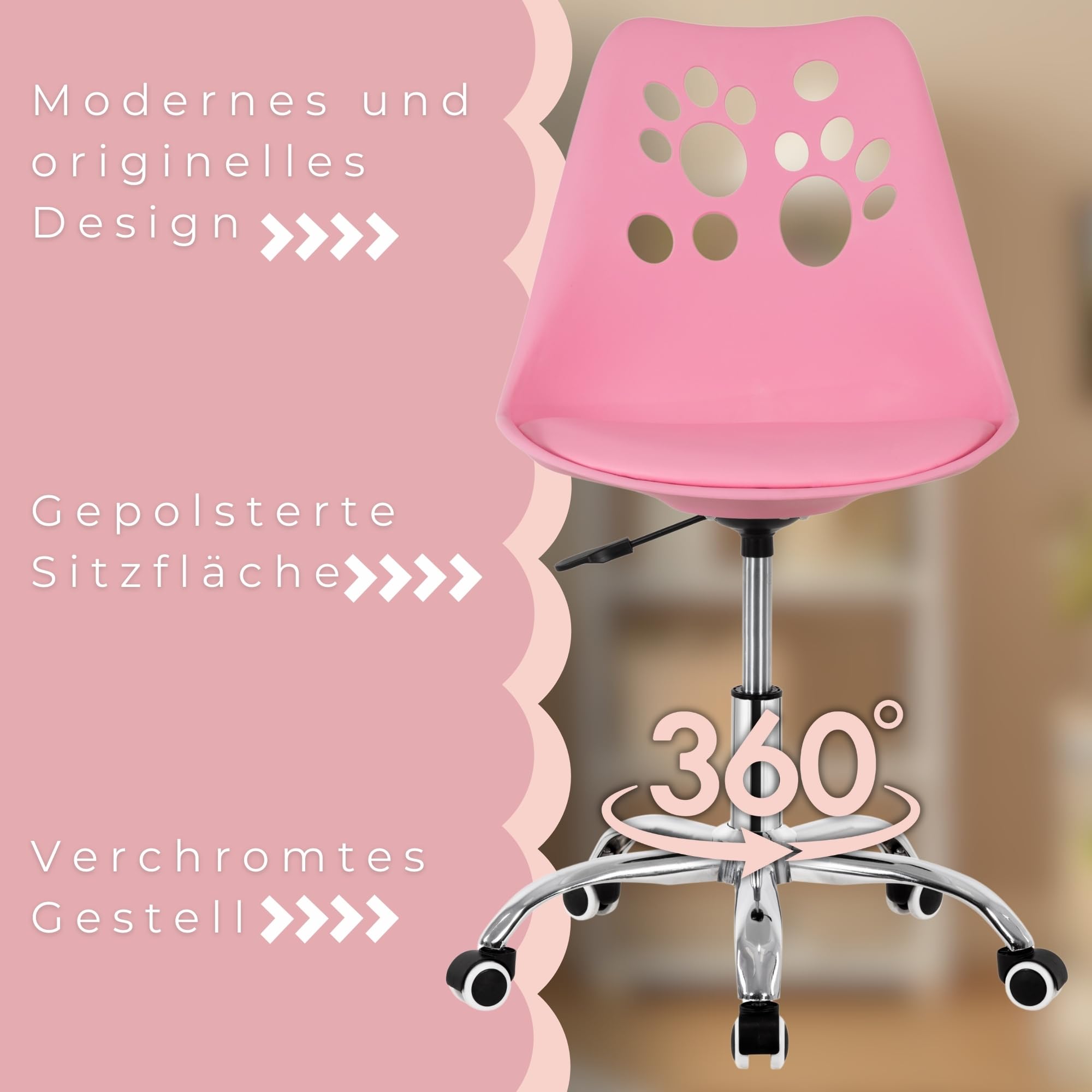 Schreibtischstuhl Mädchen Kinder ab 6 Jahren Rosa höhenverstellbar + Kinder schreibtischstuhl ergonomisch mit Rollen & Komfortpolster für Schulaufgaben & Lernen - Drehstuhl Kinderzimmer Pastell