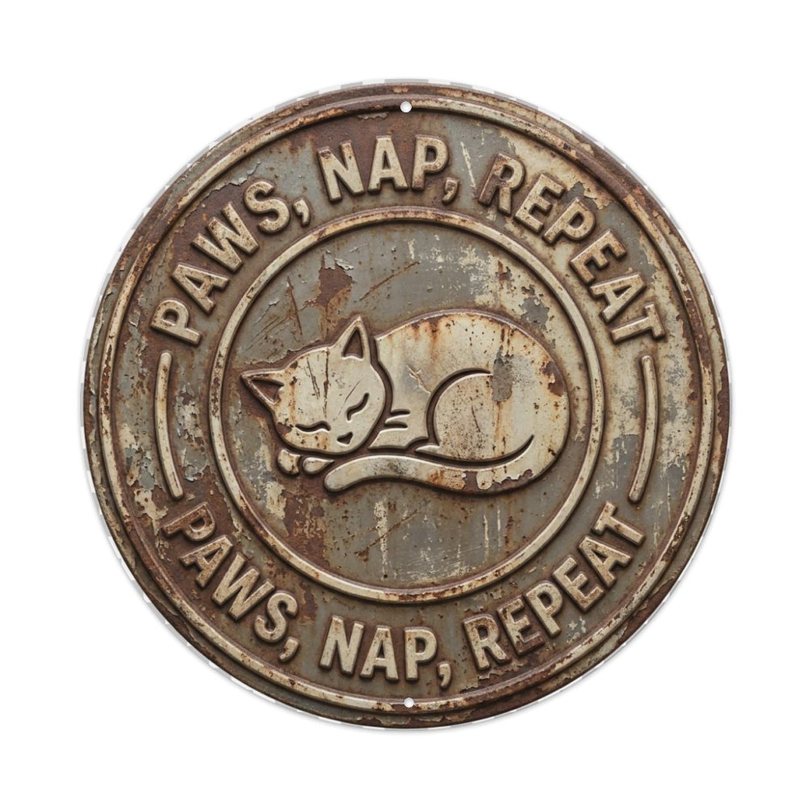 Paws Nap Repeat Meow Metal Tin Sign Plaque Wall Decor for Cafe, Club Bar, Office, Home Garden Round Metal Poster 8x8Inch