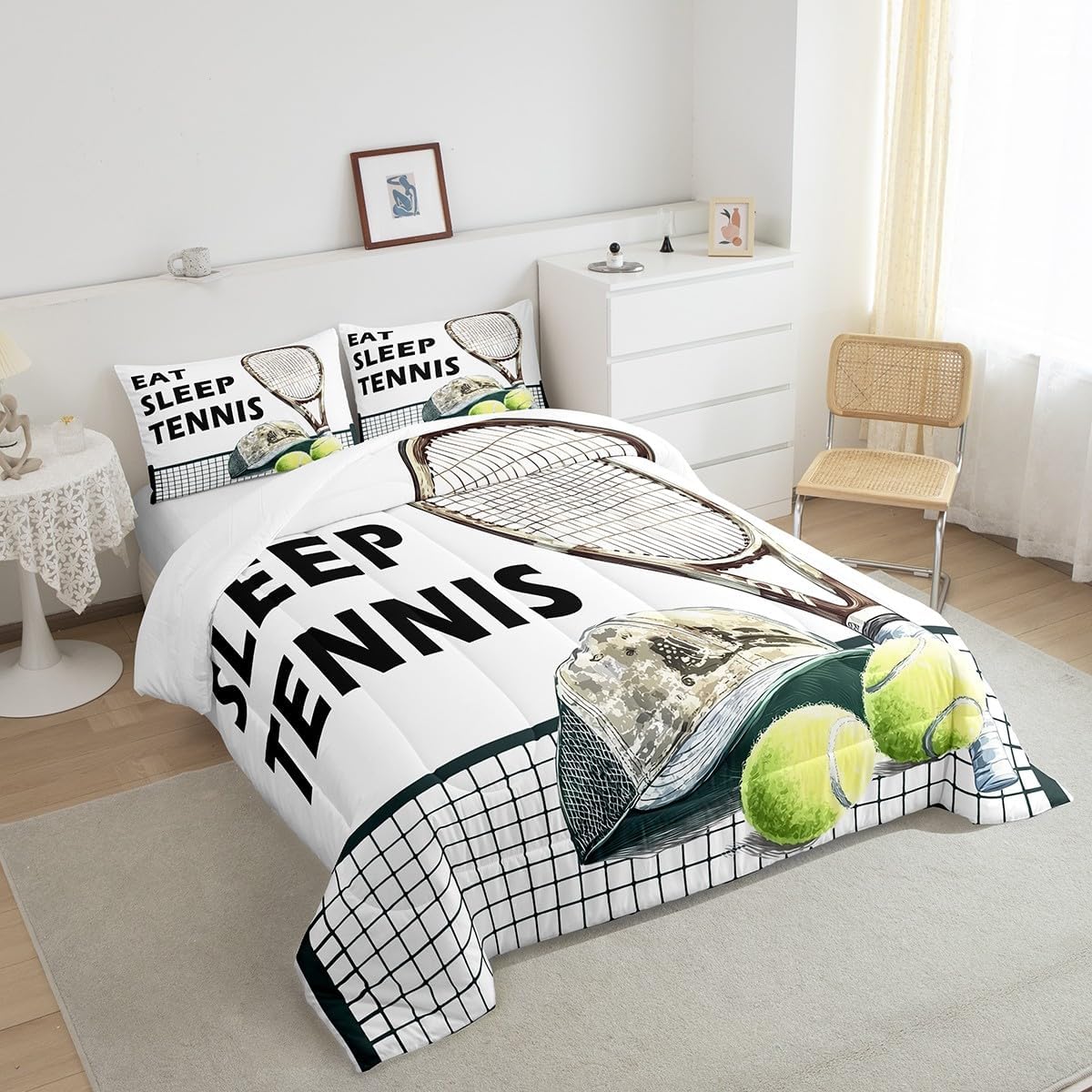 Castle Fairy Tennis Comforter King,Watercolor Tennis Rackets and Ball Quilt Comforter with 2 Pillowcases,Sport Tennis Hat Kids Boys Bedding Set Comfortable,Soft and Breathable