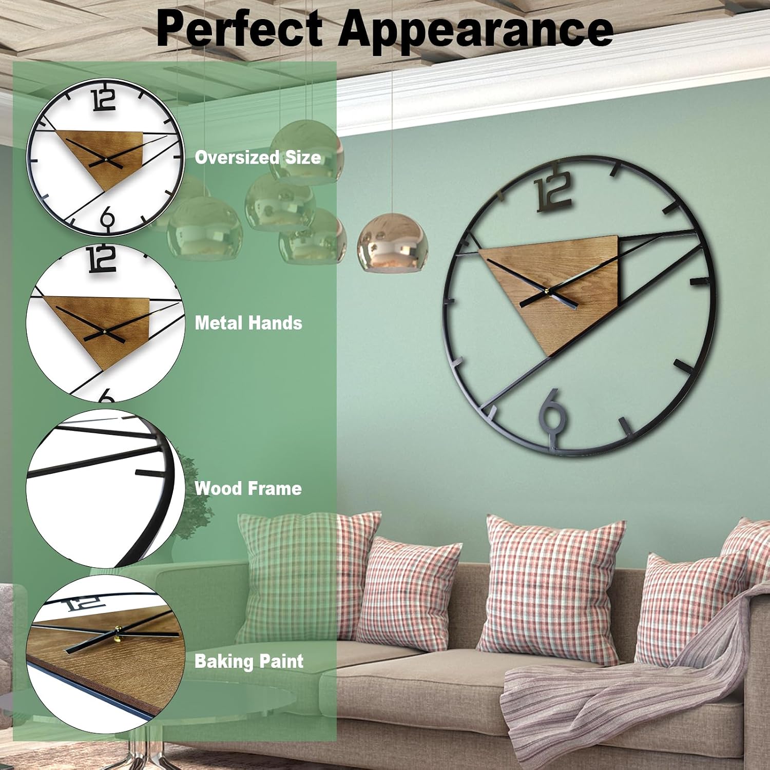 Large Round Wall Clock, 24 Inch Black Minimalism Metal Clock, Non Ticking Battery Operated Silent Movement, Modern Style for Bedroom Living Room Kitchen Office