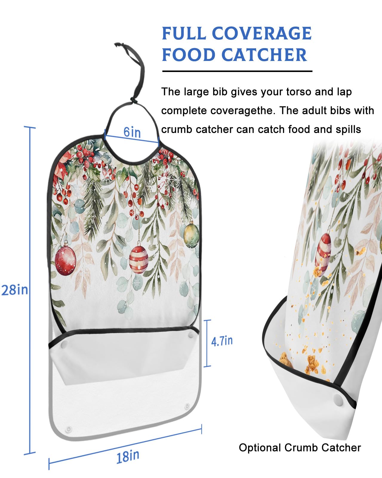 LEOKOTI Christmas Balls Adult Bibs for Eating, Waterproof Bibs with Food Catcher & Snap Closure, Xmas Poinsettia Eucalyptus Leaves Berry Snowflake Washable Clothing Protectors Adult Bibs for Elderly