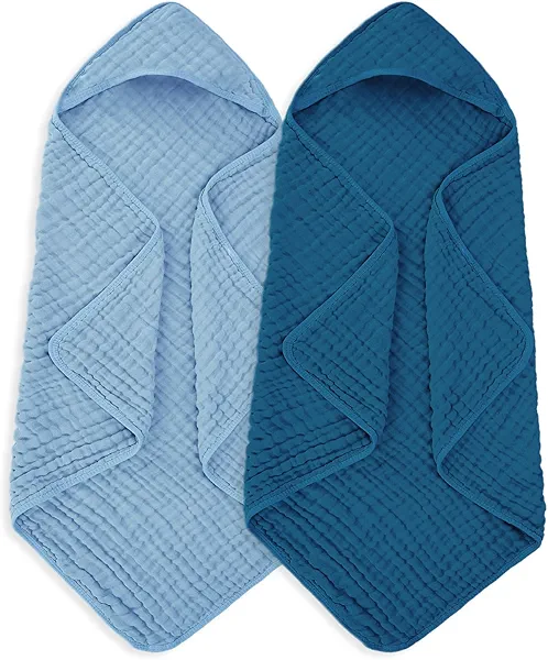 MIGIOL Muslin Hooded Baby Towels 100% Cotton ,Super Soft Muslin Baby Bath Towel - 32 x 32 Inches, Suitable for Newborn and Young Children up to 3 Years Old. (Light Blue & Dark Blue)